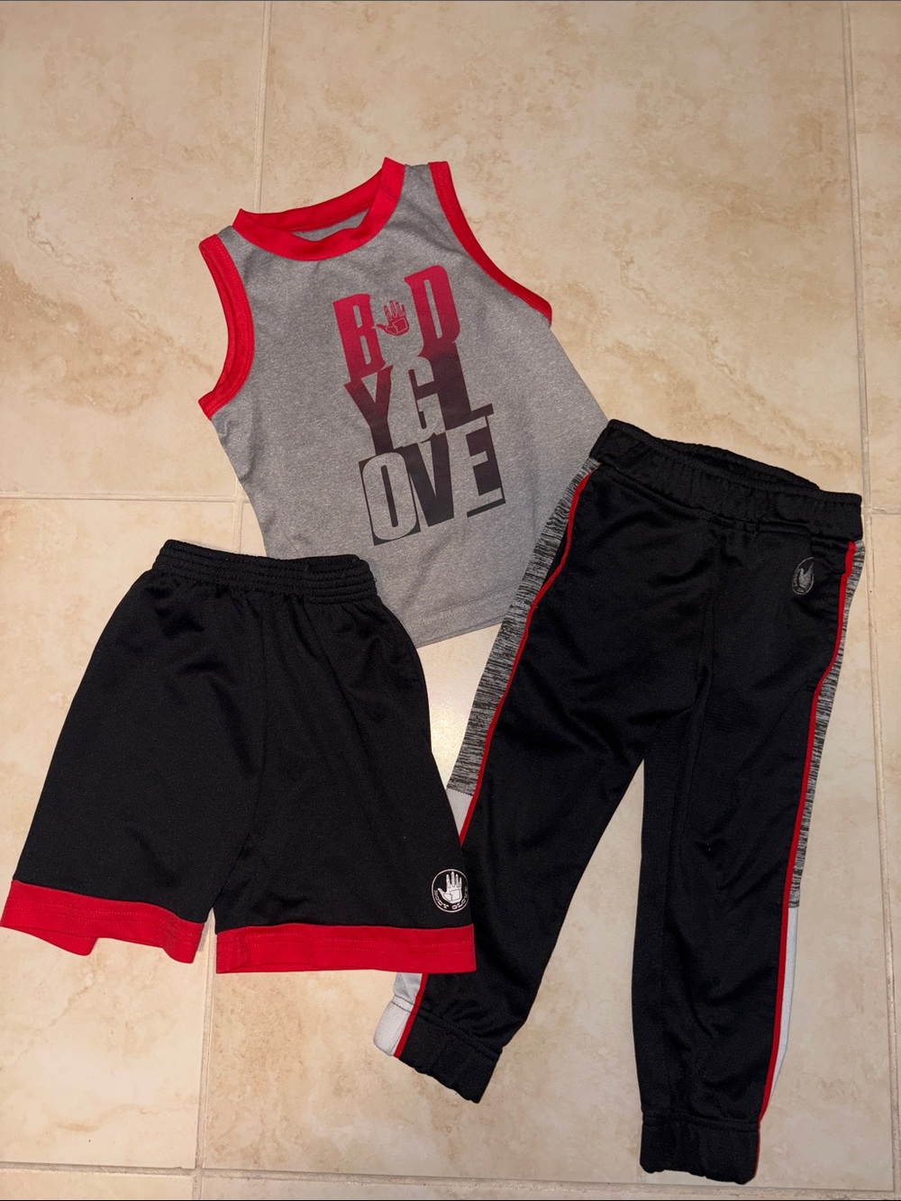 Body Glove Kids Gray and Black Athletic Tank, Shorts & Joggers Set with Red Trim